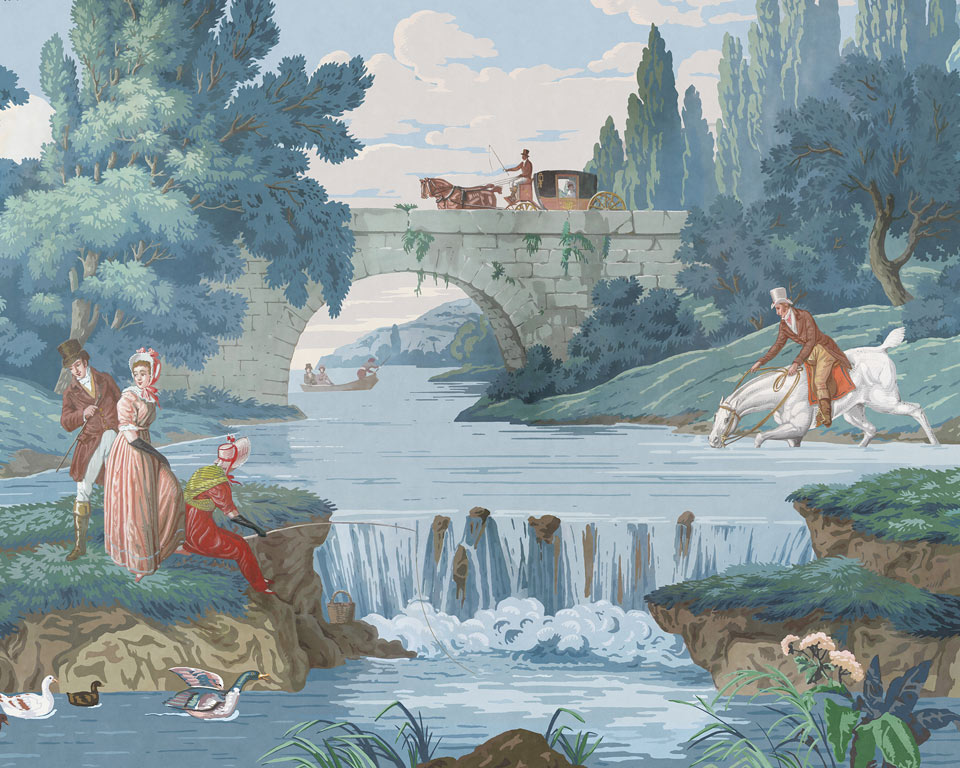 Hunt and french landscape - Antique block printed scenic wallpaper